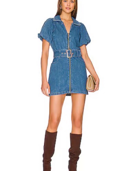 Show Me Your Mumu Blue Denim Short Sleeve Zip-Front Belted Mini Dress